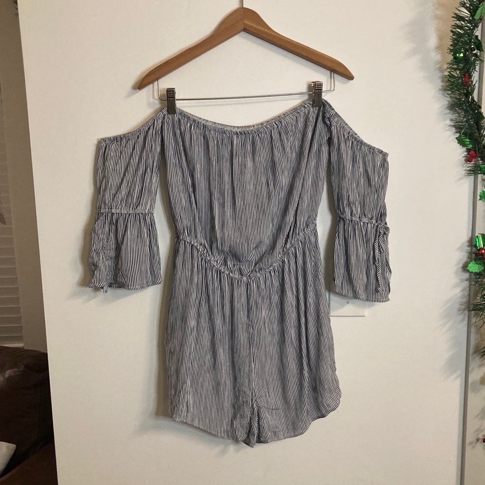 Navy blue and white striped romper